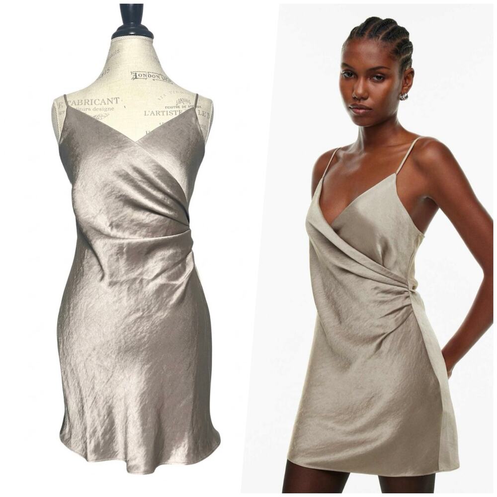 Wilfred | Women | Scenery Nomad Taupe Satin Ruched Wrap Mini Slip Dress | Small